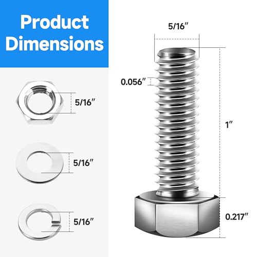 Image of (12 Sets) 5 /16-18 x 1 inch, 5 /16 Bolt Hex Head Screws Nuts and Bolts Kit with 5 /16 Stainless Steel, Nuts Bolts Washers Assortment, Fully Threaded by Marysino