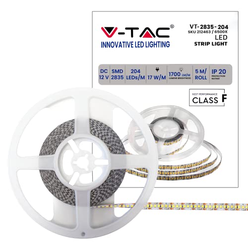 V-TAC Striscia Led da Interno SMD 2835 17W - 5 Metri - Striscia LED Adesiva per Casa, Cucina, Camera, Ambienti Interni - Luce Bianca Fredda 6500K - Strisce LED Alta Luminosità - 12 Volt