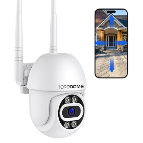 Topodome Cámara Wi-Fi Exterior con Alarma Humanoide, Cámara de Vigilancia WiFi Interior 1080P, Fijación Automática PTZ de 360 Grados, Visión Nocturna Infrarroja y Color de 20 m, Audio Bidireccional IP