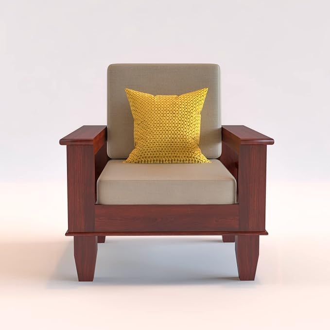 Image of Sheesham Wooden 1 Seater Sofa for Living Room | Rosewood 1 Seater Cushion Sofa with Side Newspaper Holder for Home & Office | Solid Wood Sofa Set for Lounge (Mahogany)