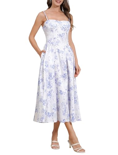 Image of ABEHIK Casual Dresses for Women Boho Spaghetti Strap Corset Midi Dress with Pockets Low Cut Flowy Pleated Bustier Sundress