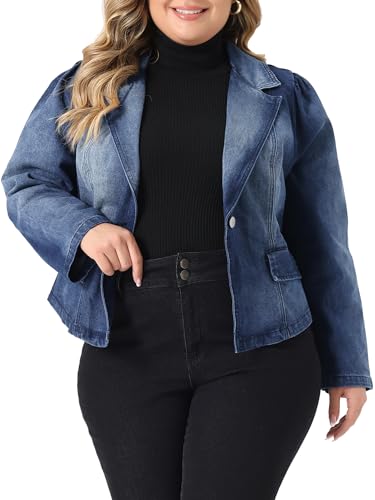 Agnes Orinda Plus Size Denim Jackets for Women Jean Lapel Long Sleeve Casual Work Blazer
