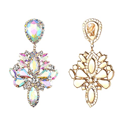 Brilove Clip-On Earrings Wedding Bridal Crystal Rhinestone Marquise Teardrop Cluster Dangle Earrings For Women Iridescent Ab Gold-Tone #TOP3