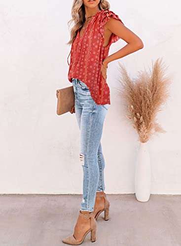 Dokotoo Womens V Neck Tie Boho Tops And Blouses Floral Work Cap Sleeve Ladies Summer Flowy Ruffle T Shirts With Drawstring Medium Red #TOP3