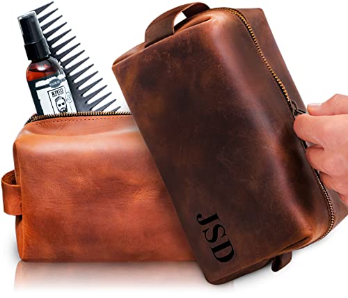 Personalized Leather Dopp Kit For Men – Unique Anniversary Gift, Groomsmen Gift, Boyfriend & Father Gift – Mens Handcrafted Travel Bag for Toiletries, Shaving & Grooming Kit – Toiletry Bag Made in USA