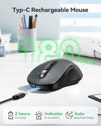 TECKNET Rechargeable Wireless Bluetooth Mouse with 4-Way Wheel, 3-Device - 3