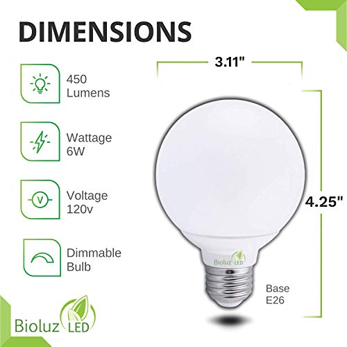 6 Pack Bioluz Dimmable Globe Led G25 40 Watt Replacement (Uses 6 Watts) Warm White (2700K) Led Light Bulb, 450 Lumens Ul Listed (Pack Of 6) #TOP6