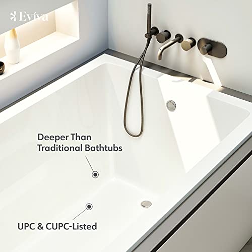 Eviva Teddy 59-Inch Acrylic Bathtub Non-Slip Deep Soaking Bathtub 62-Gallon Drop-In Modern Soaker Deep Rectangular Bath Tub For One Bather In Glossy White #TOP4