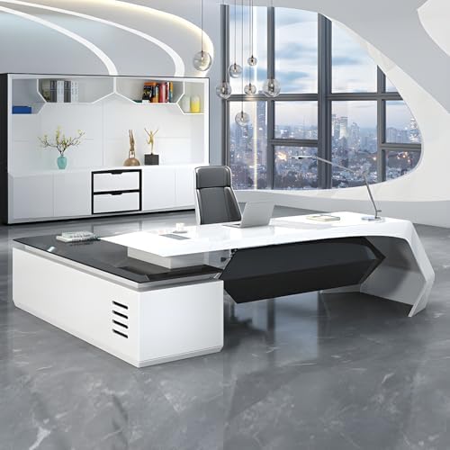 Modern Executive L Shaped Wood Office Computer Desk with Side Storage Cord Management and Boss Table Black & White 70.9" x 31.5" x 29.5" H Right Hand Return