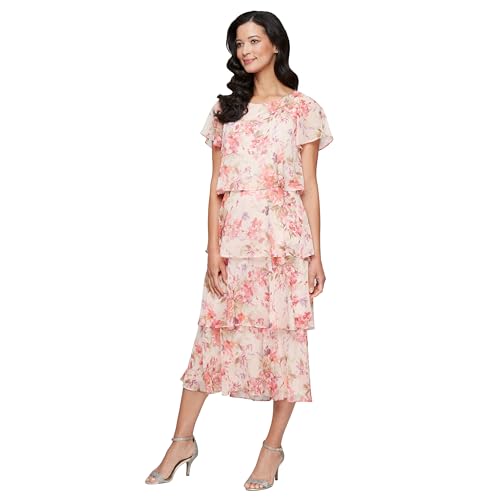 S.L. Fashions Women's Tiered Midi Wedding Guest, Mother of The Bride Dress with Bead Embellishment (Petite and Regular Sizes), Peach Multi, 14 by S.L. Fashions - Used condition - US$117.35
