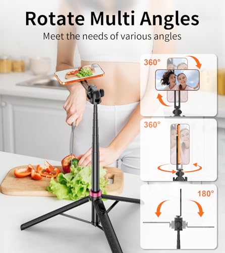 TONEOF 175cm Magnetic Phone Tripod Selfie Stick, Portable Camera Tripod, 360° Rotating Phone Stand, Aluminum Phone Stand with Remote for Phone/Small Cameras, for Selfies/Live/Video Recording-Black Red