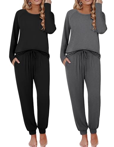Image of Ekouaer 2 Pack Womens Pajama Sets Long Sleeve Pjs Soft Comfy Lounge Set