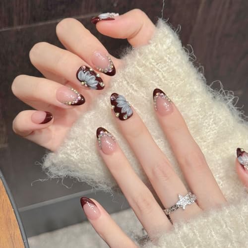 Yacey 3D Floral Handmade Press on Nails, Medium Almond Reusable False Nails Press Ons, Wine Red French Tip Acrylic Fake Nails with Rhinestone, Luxury Bling Glue on Nails for Women Girls (10 Pcs, M) — view 3