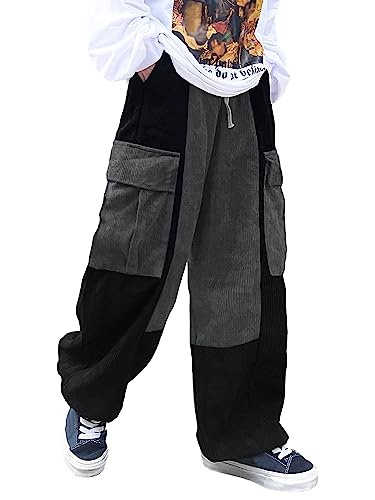 OYOANGLE Men's Streetwear Colorblock Drawstring Waist Wide Leg Baggy Corduroy Cargo Pants