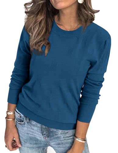 Arach&Cloz Womens Jumpers UK Long Sleeve Crew Neck Ladies Knitted Tops Summer Spring Casual Dressy Sweater (Blue, L)