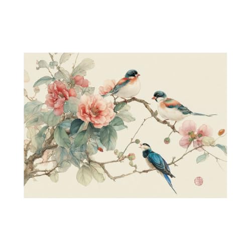 Camélia rose aquarelle clair poster animaux trois oiseaux toile beige TERUEA