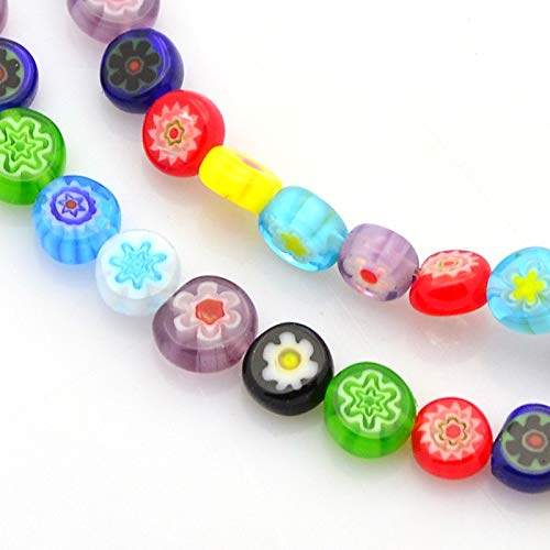 Pandahall 5Strands 6mm Handmade Millefiori Lampwork Glass Bead Strands Mixed Colors Flat Round Loose Beads Spacer for Jewelry Making Necklace Bracelet DIY Supplies (about 70pcs/strand)