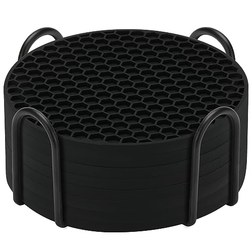 Comparison: Best Coasters For Cold Drinks 7 TWTLi Silicone Coasters Set of 8 with Holder,Coasters for Drinks,Beer,Coffee Coasters,Suitable for Kinds Cups,Hot or Cold,Anti-SLI,Non-Stick,Anti-Overflow Tabletop Protection and Decor (8 Pcs, Black)