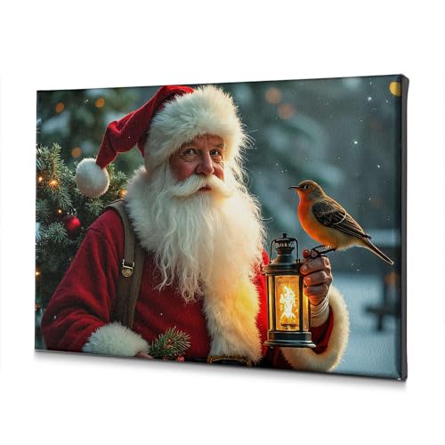 Toile Père Noël lanterne tableau rouge-gorge décoration murale maison 40x60cm