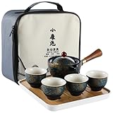 Porcelain Chinese Gongfu Tea Set, Portable Travel Teapot Set with 360°Rotation Tea Maker and Infuser, Ceramic All in One Gift Bag for Home, Office, Travel, Gifting, Magic Teapot Kit (Navy Blue)
