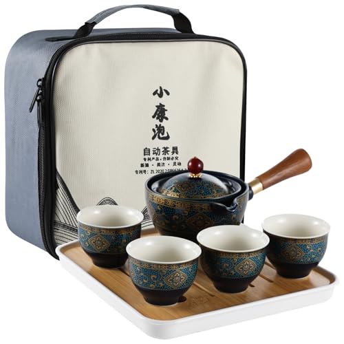 Porcelain Chinese Gongfu Tea Set, Portable Travel Teapot Set with 360°Rotation Tea Maker and Infuser, Ceramic All in One Gift Bag for Home, Office, Travel, Gifting, Magic Teapot Kit (Navy Blue)