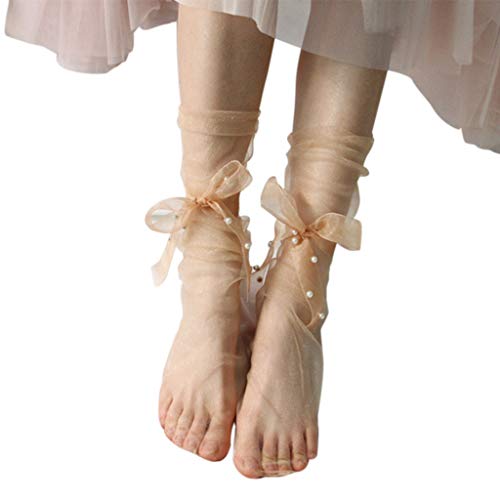 Psdndeww Calcetines Tobilleros Holgados Ultrafinos Vintage Para Mujer Lazo Dulce Con Lazo Cuentas De Perlas De Imitación Malla Transparente De Sueltas Calcetines Para Niñas