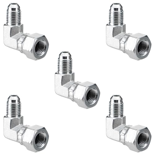 Image of 90 Elbow Hydraulic Fitting: 1 /4 inch JIC Male x 1 /4 inch JIC Female | 5 Pack Carbon Steel Hydraulic Hose Swivel Crimp Adapters with Protective Cover for Hydraulic Assembly System - 6500-04-04