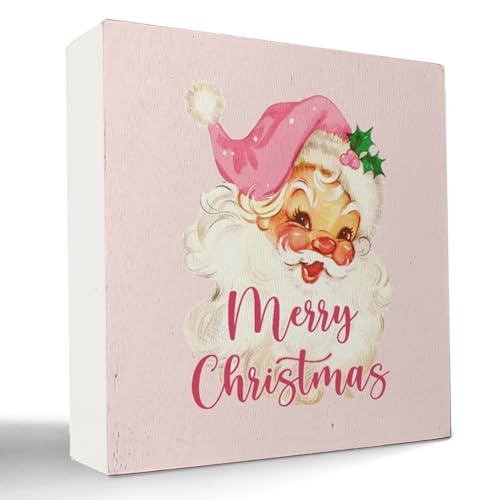 kunlisa Vintage Pink Christmas Santa Wooden Box Signs,Pink Santa Decorations,Merry Christmas Signs for Home Decor, 5x5 Inch