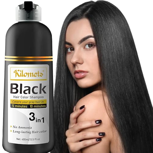 Kilomets BLACK Hair Dye Shampoo 400ml- 100% Grey Coverage in Minutes- Ammonia Free Hair Color Shampoo Cover Gray Silver Hair- Instant Darkening Coloring At Home- Gift for Mom Dad