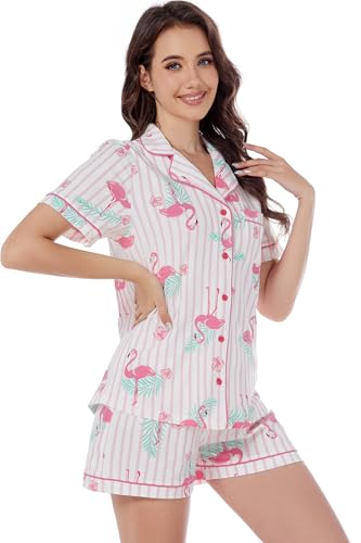 Image of LUBOT 100% Cotton Pajamas for Women 2 Piece PJ Set Button-Down Soft Knit Short Sleeve Summer Sleepwear Loungewear XS-XXL