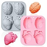2 Pack Human Heart Brain Silicone Soap Molds, 4 Cavity Halloween 3D Organ Shapes DIY Silicone Fondant Cake Mold Tray Muffin Baking Tools for Chocolate Candy Mousse Pudding Handmade Candle Clay