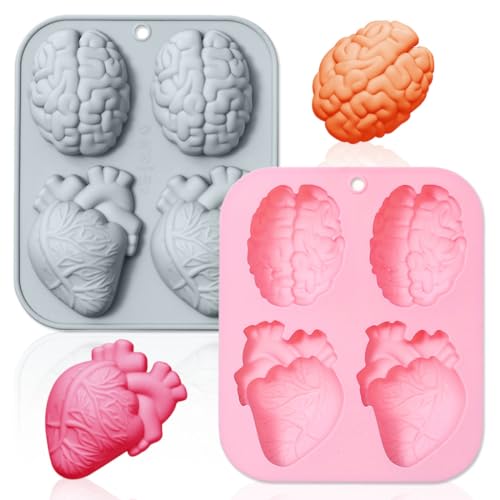 2 Pack Human Heart Brain Silicone Soap Molds 4 Cavity Halloween 3D Organ Shapes DIY Silicone Fondant Cake Mold Tray Muffin Baking Tools for Chocolate Candy Mousse Pudding Handmade Candle Clay