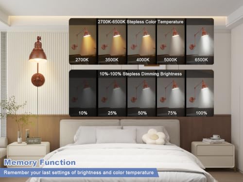 Image of GOODATE 1 Pack Plug in Wall Sconce with Remote, Dimmable, Adjustable Colors, Swing Arm Wall Lamp, Plug in Wall Light with Timer & Night Light (Walnut Finish, with Bulb+Remote)