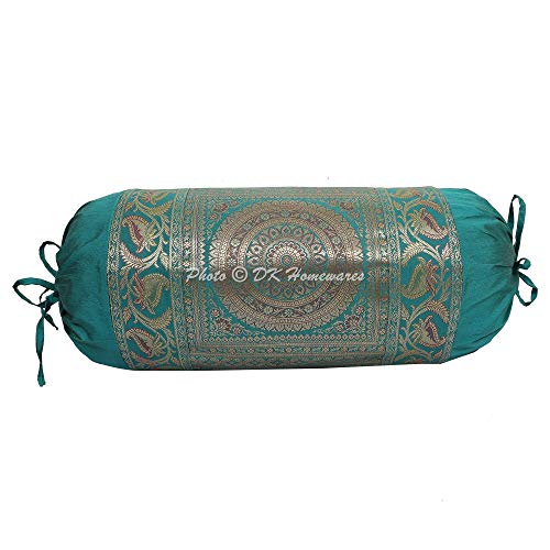 Dk Homewares Indian Jacquard Brocade Silk Bolster Yoga Pillow Cover Mandala Green Tubular Masand Home Decor Living Room Cylindrical Hotdog Traditional Throw Cushion Cover 76X38 Cm - 1 Pc #TOP27