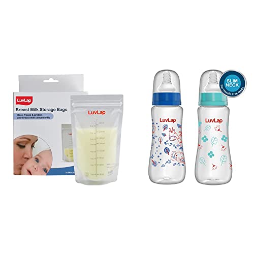 Image of Luvlap Baby Breast Milk Storage Bags (Pack of 25),& Green, Blue Anti-Colic Slim /Regular Neck Essential Baby Feeding Bottle, 250Ml (Pack of 2)