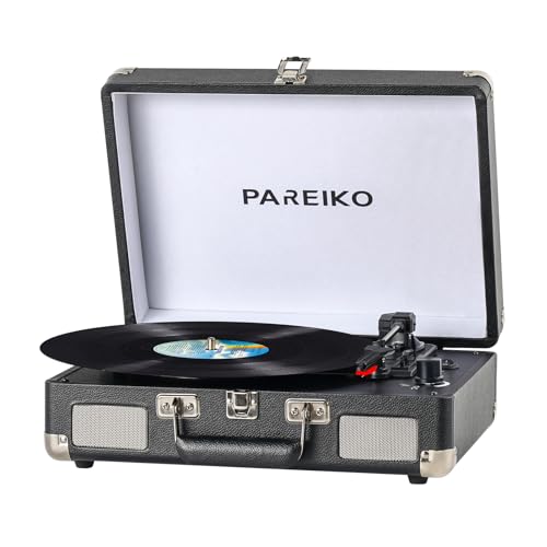 Toca-discos portátil com gira-discos de 3 velocidades, conectividade Bluetooth, bateria de 1800mAh embutida, design de mala retrô para amantes de música em vinil
