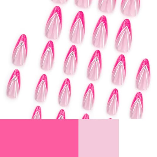 Image of Pink French Tip Press on Nails Glitter Fake Nails Silver Line with Rhinestone Design Medium Almond Glue on Nails Glossy Artificial Acrylic Full Cover Nude Stick on Nails for Women Manicure 24Pcs