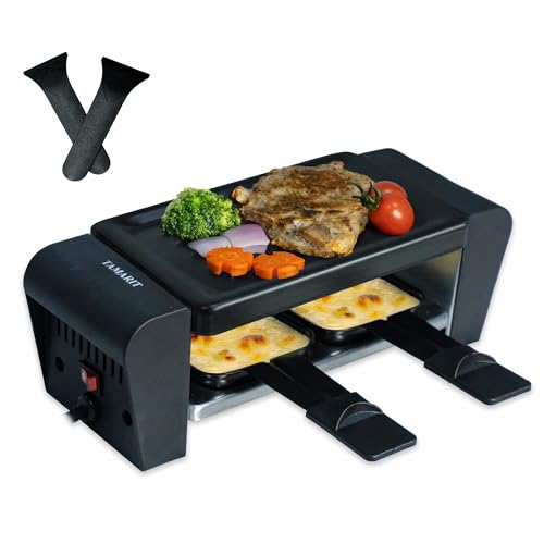 TAMARIT Raclette Grill for 2 Person, Compact Indoor Electric Korean BBQ 450W Portable Tabletop Grill with Non-Stick Iron Plate and 2 Cheese Pans Ideal for Small Kitchen or Apartment, Black Small