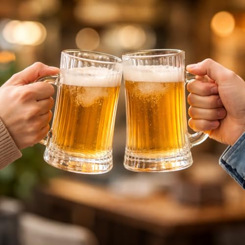 Image of PrimeWorld Classic Beer Mugs Set of 2 (500ML Each) | Heavy Glass Beer Steins with Handle | Large Freezer-Friendly Multipurpose Mugs | Dishwasher & Microwave Safe