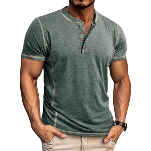 Aulemen Tee Shirt Homme Courtes/Longues Henley T-Shirt Cardigan Bouton Manches Col Tunisien Hommes Top Green-M