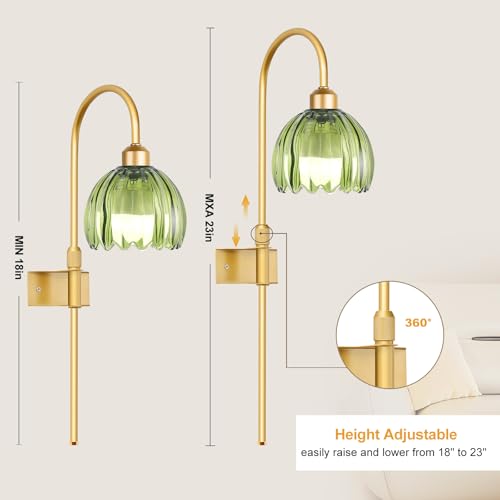 Image of ZECOXOL Vintage Battery Operated Wall Sconces Set of 2, Gold Rechargeable Wireless Wall Lamp Lights with Glass Lampshade & Remote,Dimmable 12 Colors Flower Wall Sconce for Bedroom Living Room Hallway
