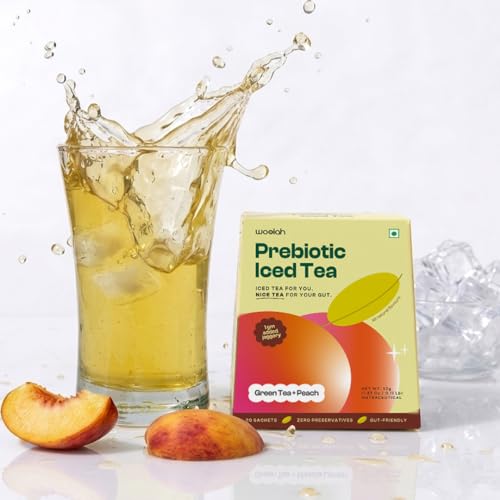 Image of Woolah Prebiotic Peach Iced Green Tea | 1g Jaggery Sweetened | Low Sugar, Natural Ingredients | Refreshing Daily Drink | 20 Sachets Pack