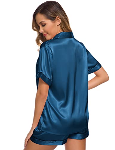 Image of SWOMOG Womens Silk Satin Pajamas Set Two-piece Pj Sets Sleepwear Loungewear Button-Down Pj Sets Peacock Blue