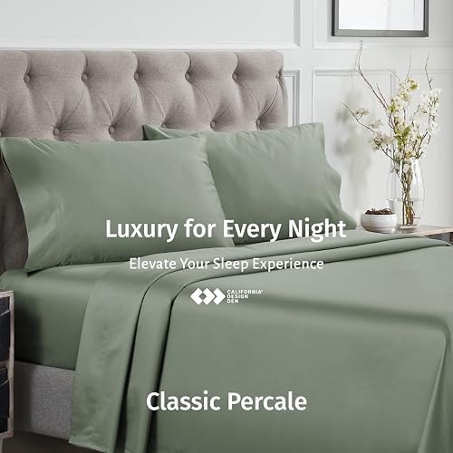 California Design Den Certified 100% Egyptian Cotton Sheets Full Size Set - Lightweight, Crisp Percale, Full Size Bed Sheets Cotton Set, Deep Pockets, Durable Luxury Bedding (Sage Mist - Gray Tone)