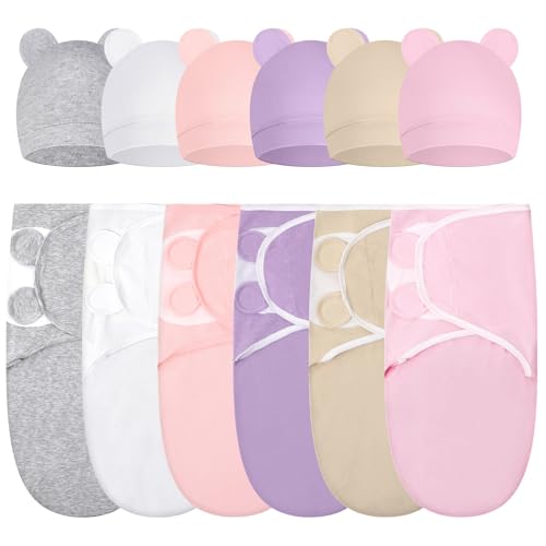Image of Ramede 6 Pack Swaddle Blanket with Hats for Baby Girl Boy 100% Cotton Swaddles 0-3 Months, Adjustable Breathable Skin Friendly Receiving Blanket Wrap, Essential for Newborns(Classic,Light Color)