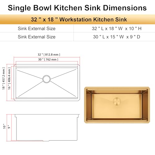Image of Gold Undermount Kitchen Sink,16 Gauge SUS304 Stainless Steel All In One Workstation Sinks with Full Set Accessories, 32 inch x 18 inch x 10 inch Large and Deep Handmade Single Bowl Kitchen Sinks