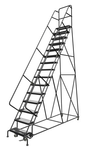 Image of Tri-Arc KDSR115242 15-Step Steel Rolling Industrial and Warehouse Ladder with Handrails and 24 inch Wide Grip-Strut Tread