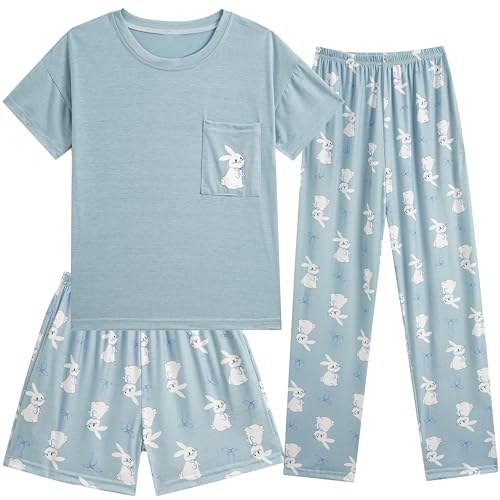 Hupohoi Kids Pajama Sets 3pcs Cartoon Sleepwear Chest Pocket Short Sleeve Top with Shorts Pants Nighty Pjs 6 to 18 Years Bowknot Bunny 14
