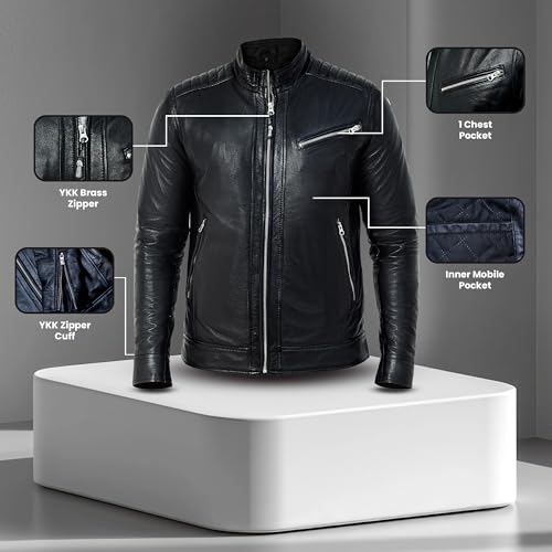 Black Leather Jacket Men - Cafe Racer Style Real Lambskin Leather Motorcycle Jacket - Men's Biker Jacket - Logan3