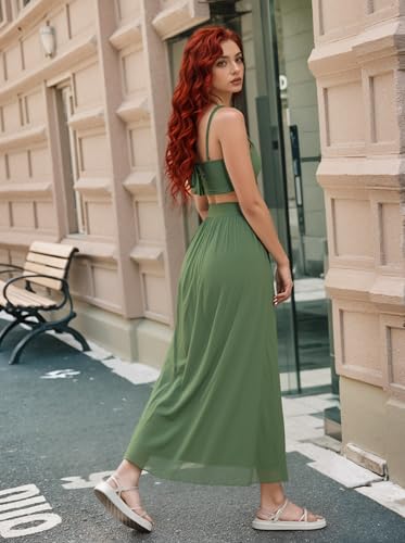 Image of Women Sexy 2 Piece Outfits Dress Chiffon Strap Deep V Neck Bra Crop Top High Split Maxi Dresses Skirt Set
